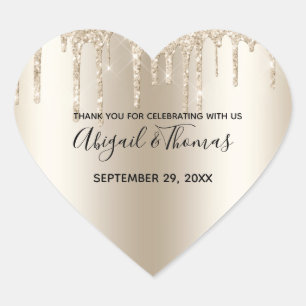 Champagne Glitter Drip Trendy Thank you Wedding  Heart Sticker