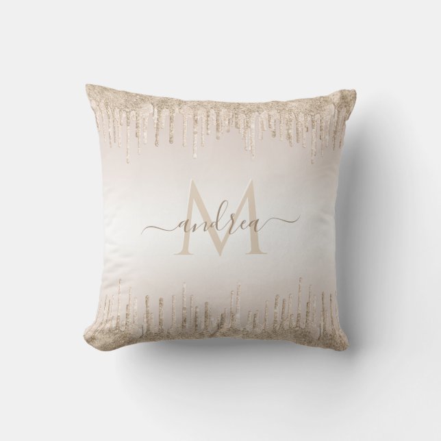 Champagne Glitter Dripping & Girly Chic Monogram Cushion (Front)