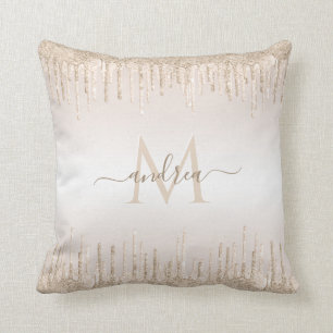 Champagne Glitter Dripping & Girly Chic Monogram Cushion