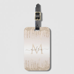 Champagne Glitter Dripping & Girly Chic Monogram   Luggage Tag