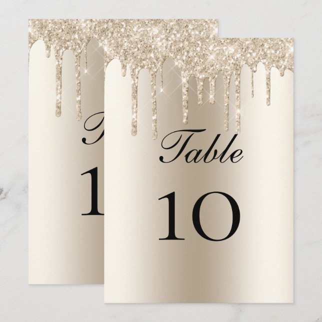 Champagne Glitter Drips Wedding Table Flat Card (Front/Back)