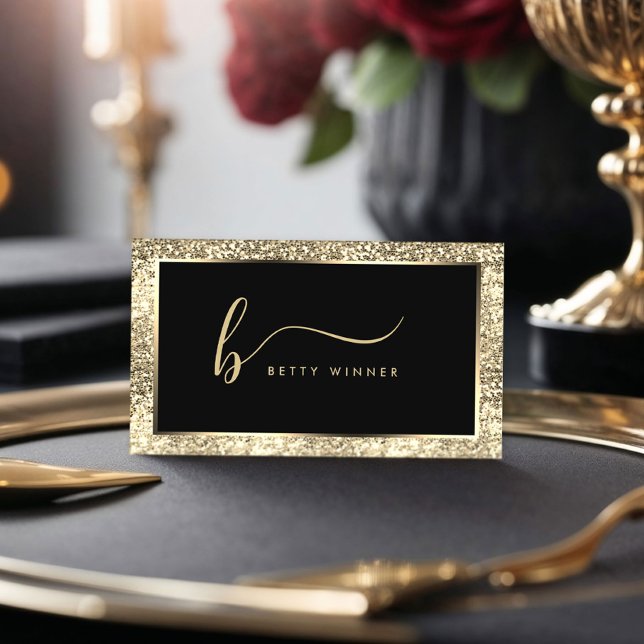 Champagne Glitter Frame Script Monogram Luxury  Business Card (Creator Uploaded)