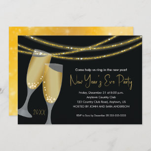 Champagne & Glitter Strings   New Year's Eve Party Invitation