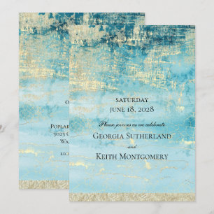 Champagne Gold And Turquoise 2 Modern Art Wedding Invitation