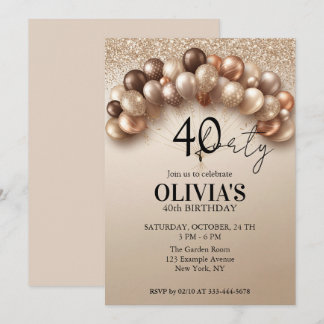Champagne Gold Balloons Glitter 40th Birthday Invitation