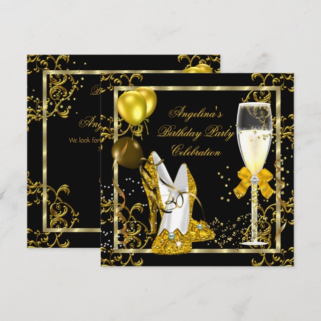 Champagne Gold Black Glitter Heels Birthday Party Invitation (Front/Back)