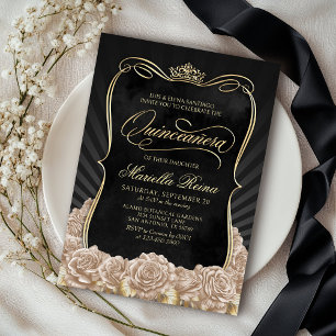 Champagne Gold Black Quinceañera Invitation