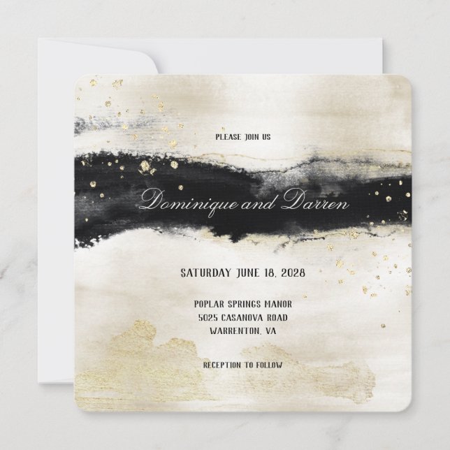 Champagne Gold & Black Watercolor Square Wedding Invitation (Front)