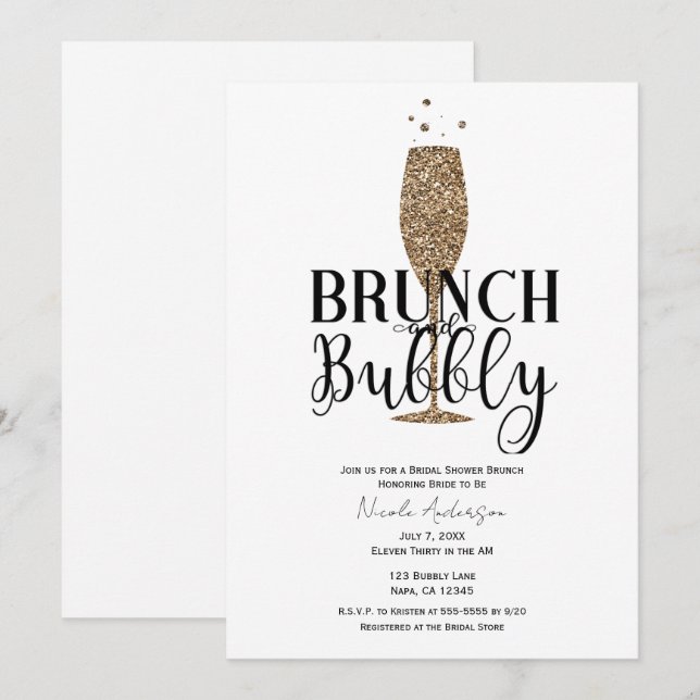 Champagne Gold Black White Bubbly Bridal Shower  Invitation (Front/Back)
