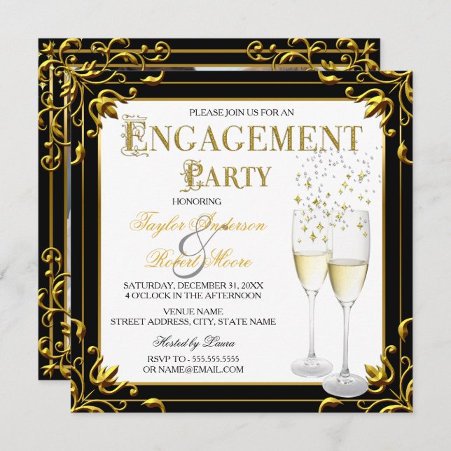 Champagne Gold Black White Engagement Party Photo Invitation (Front/Back)