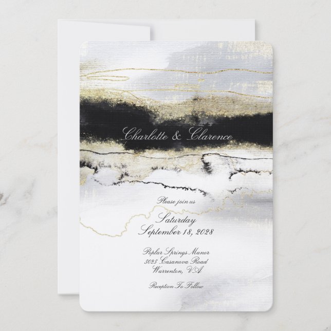 Champagne Gold Black White Watercolor Wedding  Invitation (Front)
