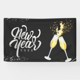 Champagne Gold Black Wine Glass Confetti Modern Banner