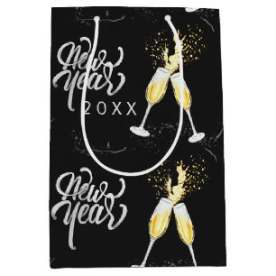 Champagne Gold Black Wine Glass Confetti Modern Me Medium Gift Bag