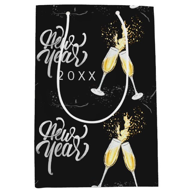 Champagne Gold Black Wine Glass Confetti Modern Me Medium Gift Bag (Front)