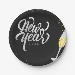 Champagne Gold Black Wine Glass Confetti Modern Paper Plate