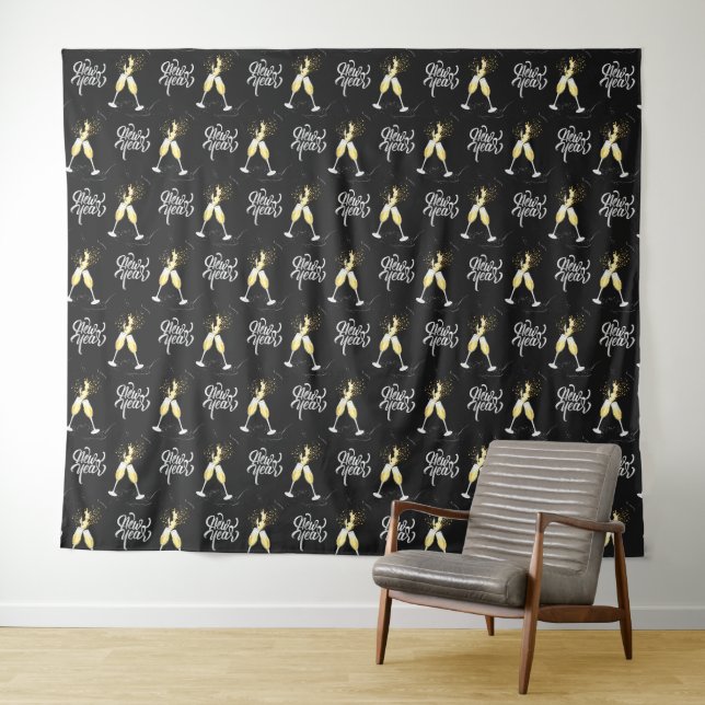 Champagne Gold Black Wine Glass Confetti Modern Tapestry (In Situ (Horizontal))