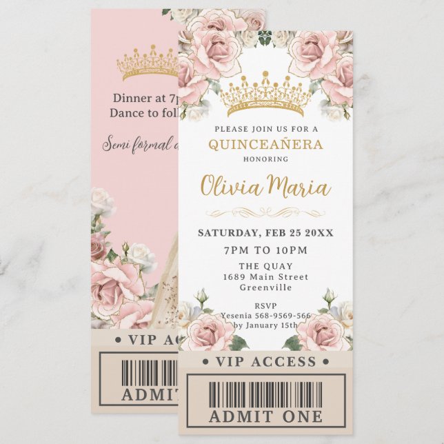 Champagne Gold Blush Floral Quinceañera VIP Ticket Invitation (Front/Back)