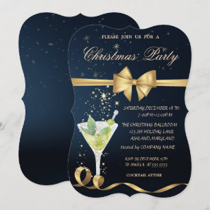 Champagne, Gold Bow Christmas Party Invitation