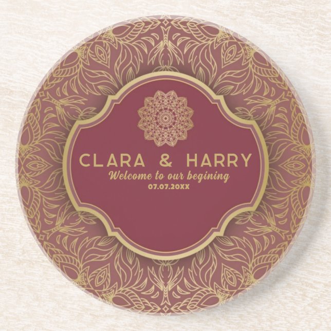 Champagne gold calligraphy romantic weeding coaster (Front)