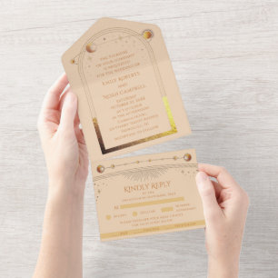 Champagne Gold Celestial Sun Moon Stars Wedding All In One Invitation