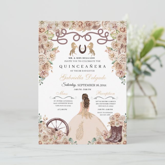Champagne Gold Charro Princess Quinceanera Invitation (Standing Front)