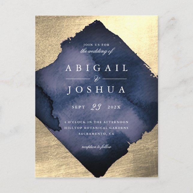 Champagne Gold Diamond Navy Watercolor Wedding Invitation Postcard (Front)