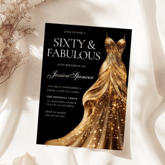 Champagne Gold Dress Fabulous Black 60th Birthday Invitation