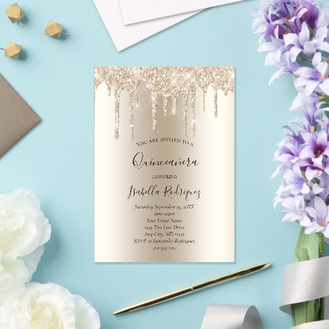 Champagne Gold Dripping Glitter Quinceanera Acrylic Invitations (Insitu (Wedding))