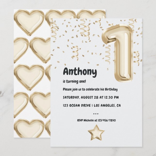 Champagne Gold Faux Foil Balloon 1st Birthday Invitation (Front/Back)