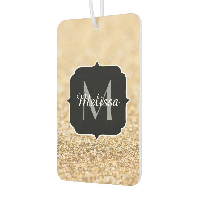 Champagne gold faux glitter sparkles Monogram Car Air Freshener (Left)