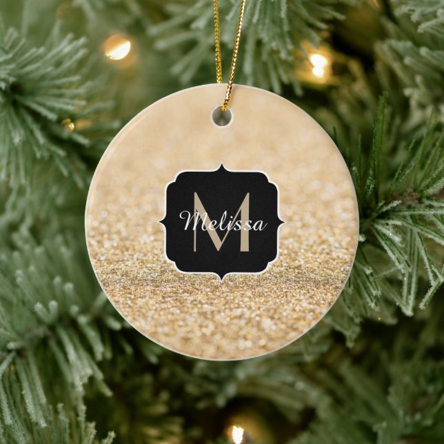 Champagne gold faux glitter sparkles Monogram Ceramic Tree Decoration (Tree)