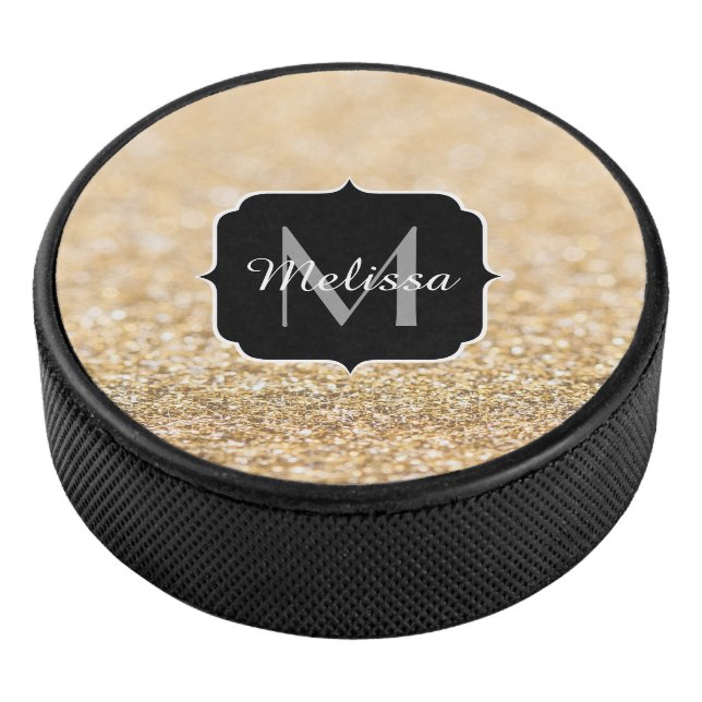 Champagne gold faux glitter sparkles Monogram Hockey Puck (3/4)