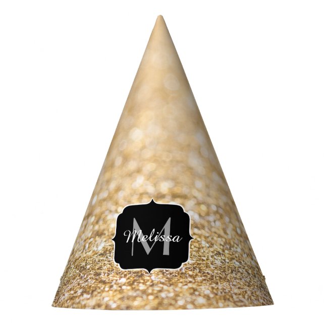 Champagne gold faux glitter sparkles Monogram Party Hat (Front)