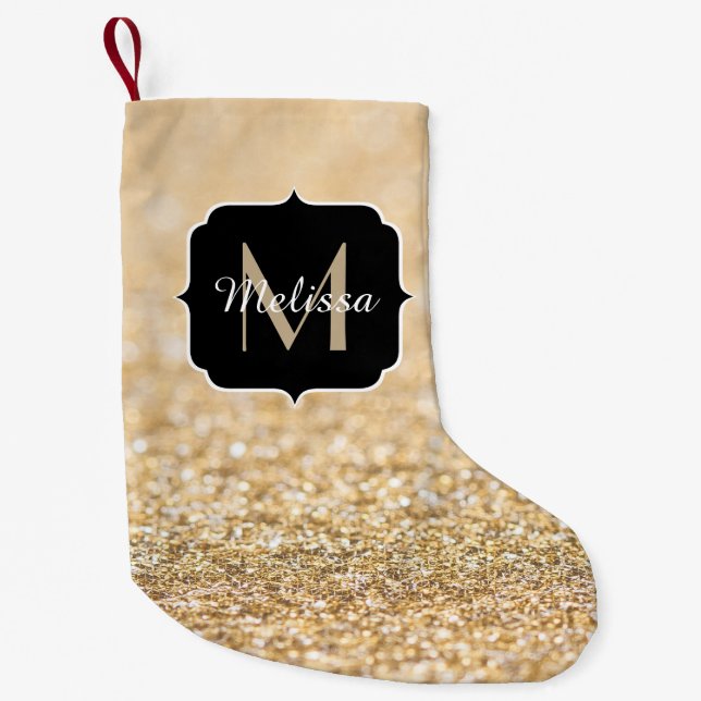 Champagne gold faux glitter sparkles Monogram Small Christmas Stocking (Front)