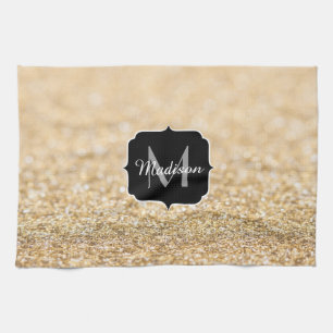Champagne gold faux glitter sparkles Monogram Tea Towel
