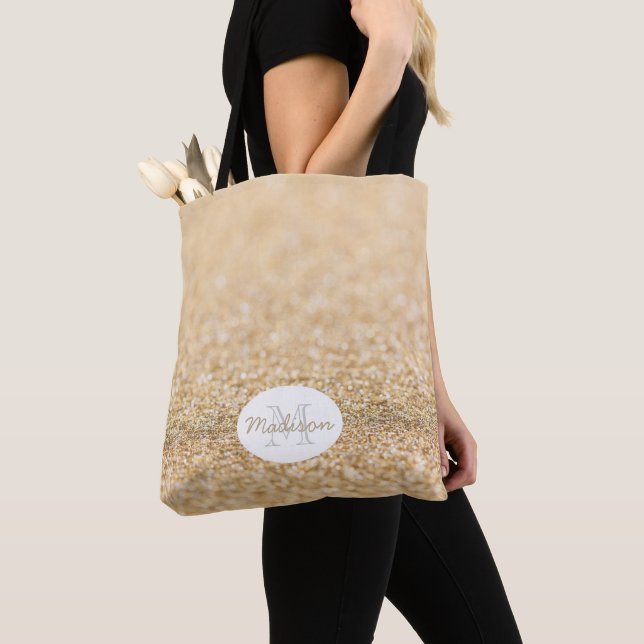 Champagne gold faux glitter sparkles Monogram Tote Bag (Close Up)