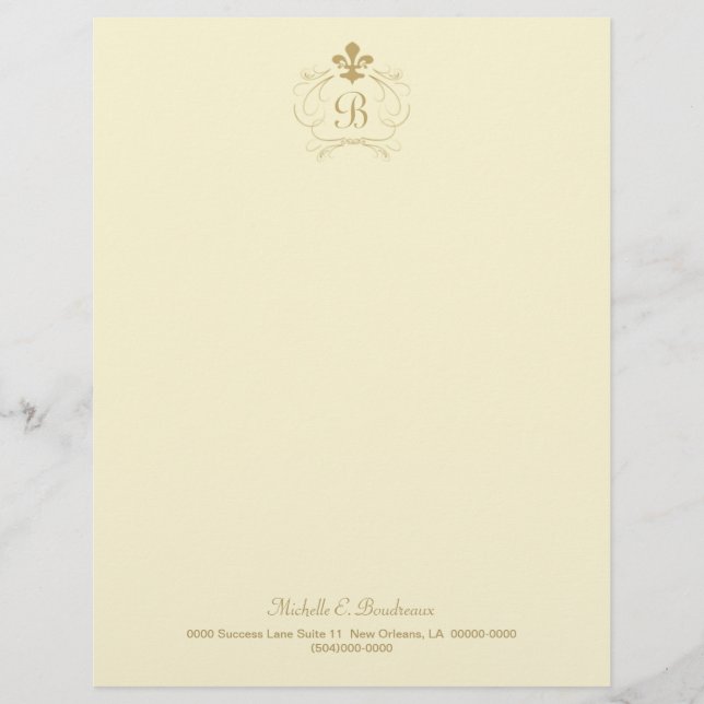 Champagne Gold Fleur de Lis Monogram Letterhead Design (Front)
