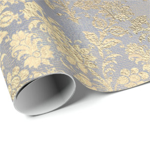Champagne Gold Floral Blue Burlap Linen Wrapping Paper