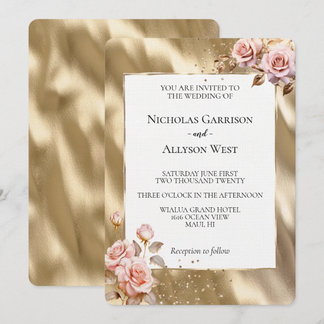 Champagne Gold Glam Pink Roses Wedding Invitation (Front/Back)