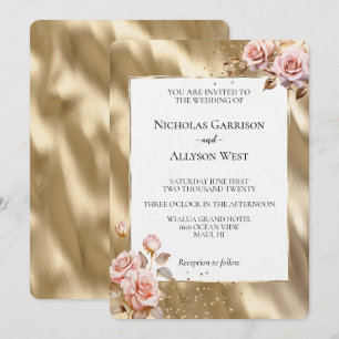 Champagne Gold Glam Pink Roses Wedding Invitation