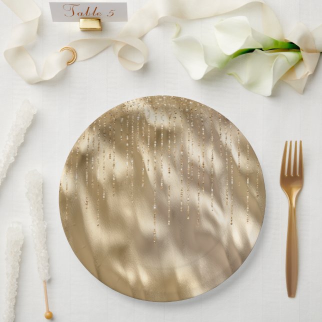 Champagne Gold Glam Sparkle Strings Wedding Paper Plate (Wedding)