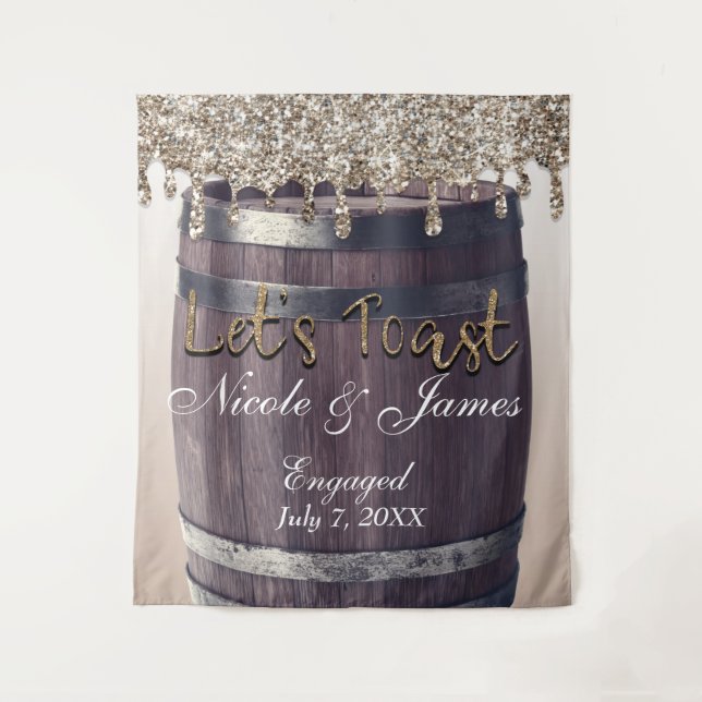 Champagne Gold Glitter Drip Barrel Barn Engagement Tapestry (Front)