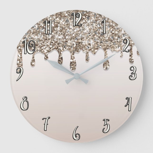 Champagne Gold Glitter Drip Girly Chic Modern Glam Large Clock (Front)