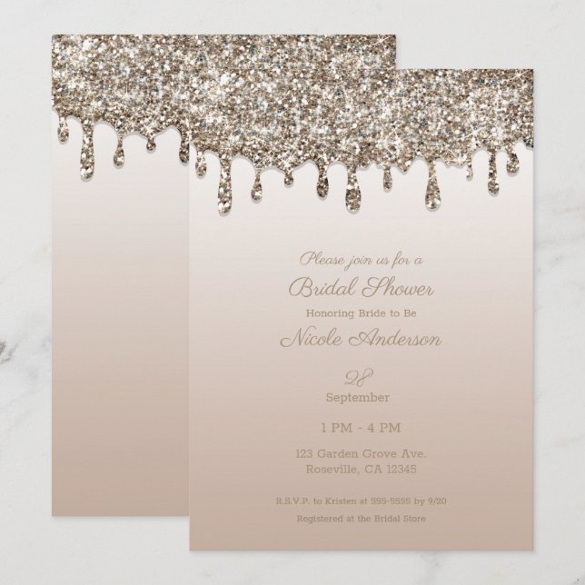 Champagne Gold Glitter Drip Glam Bridal Shower Invitation (Front/Back)