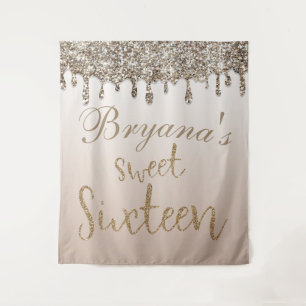 Champagne Gold Glitter Drip Glam Sweet 16 Backdrop Tapestry