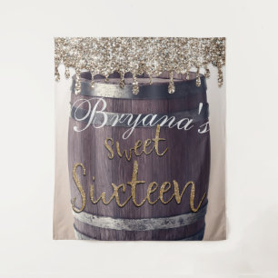 Champagne Gold Glitter Drip Glam Sweet 16 Backdrop Tapestry