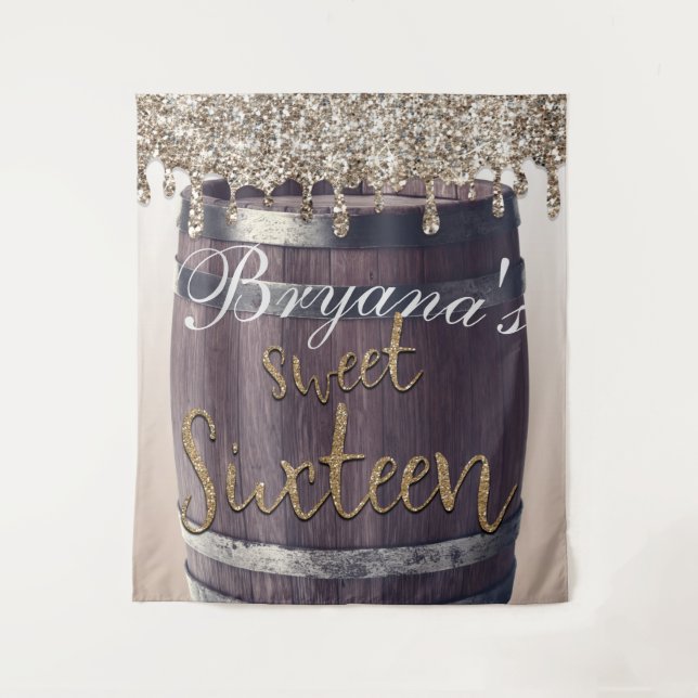 Champagne Gold Glitter Drip Glam Sweet 16 Backdrop Tapestry (Front)