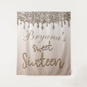 Champagne Gold Glitter Drip Glam Sweet 16 Backdrop Tapestry