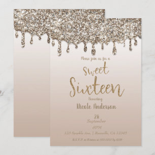 Champagne Gold Glitter Drip Glam Sweet 16 Sixteen Invitation