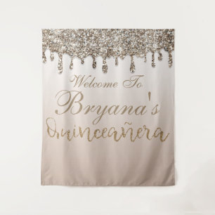 Champagne Gold Glitter Drip Quinceañera Backdrop Tapestry